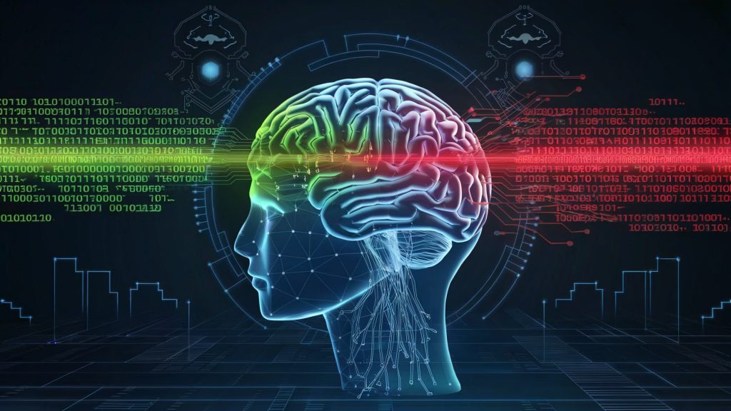 Illustration of a digital brain representing a machine learning model, being corrupted by binary code transitioning from green (clean data) to red (poisoned data). The futuristic background features abstract cyber threat patterns, and neural network connections in the brain are glitching due to data corruption.