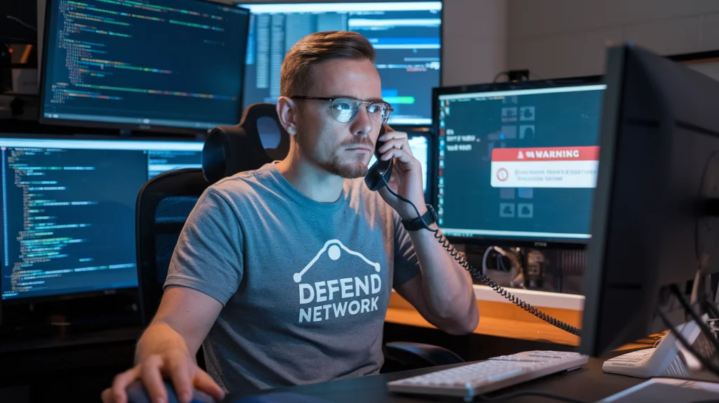 Vishing attempt: A cybersecurity expert at a desk dealing with a voice phishing call. Surrounded by security data on screens, the professional is focused on preventing the scam