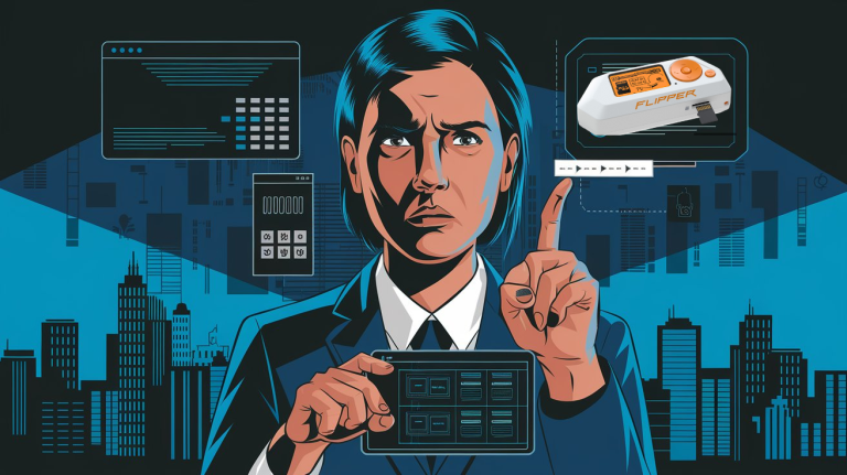 A digital illustration of a cybersecurity professional with a concerned expression, pointing at a digital network with exposed vulnerabilities like open ports and unencrypted data. The Flipper Zero device is subtly included in the scene. The background features a cityscape with skyscrapers, and the overall tone is urgent with a dark and blue color palette.