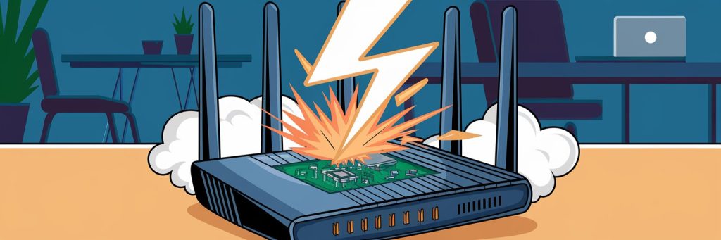 A cartoon illustration showing a Wi-Fi router being struck by a lightning bolt, Flipper Zero device, causing it to explode. Sparks are flying out, and the internal circuit board is visible. A cloud of smoke surrounds the router, with a background featuring a room with a table, chair, and laptop.