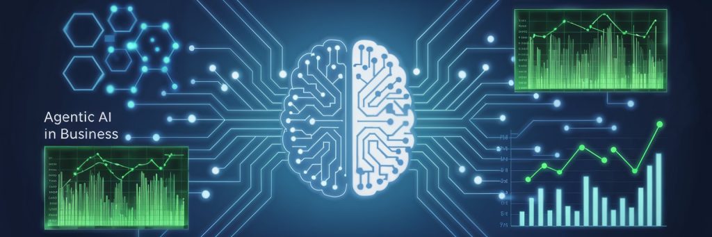 Illustration showing icons representing Agentic AI features such as autonomous decision-making, adaptability, real-time data analysis, and scalability, connected to symbolize how AI enhances business operations.