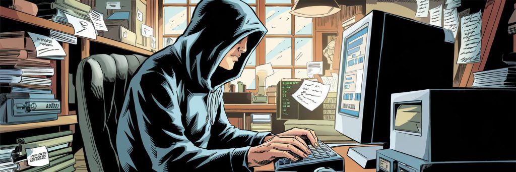 A comic-style illustration of a hacker with a hood typing on a keyboard in front of a computer screen in a dimly lit room. The room is cluttered with books, papers, and electronic devices, and a window with daylight is visible in the background.