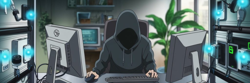 An anime-style illustration of a hacker wearing a hoodie, sitting in a dimly lit room with multiple computer monitors. The hacker is using a keyboard and mouse to exploit IoT devices, with flashing blue lights on thermostats, cameras, and lighting systems. The room also contains a chair, a potted plant, and a blurred background with shelves and a window.