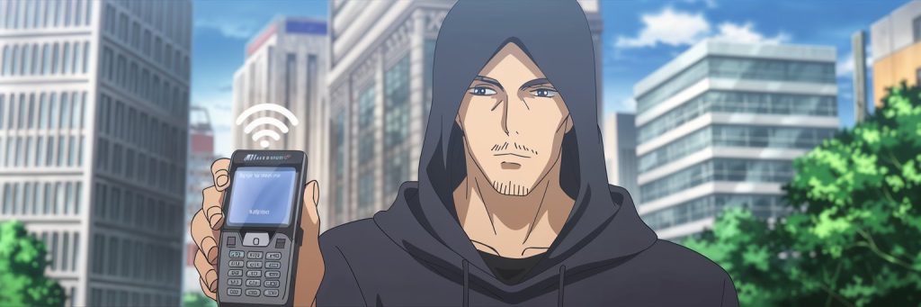 An anime-style illustration of a man in a dark hoodie, holding a device near an NFC-enabled card reader. The background features a cityscape with tall buildings, emphasizing a high-tech urban environment.