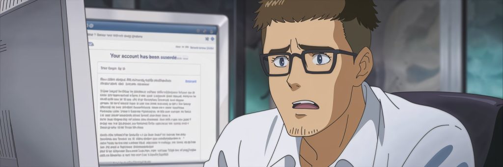 An anime-style illustration of a man with glasses and short brown hair, sitting at a desk with a worried expression. Behind him, a computer screen shows a phishing email with the subject 'Your account has been suspended."