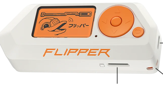 A Flipper Zero device with an SD card slot and a screen, used for cybersecurity and hacking research.