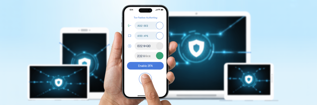 7 Email Security Tactics to Protect Your Inbox 4 A clean, modern digital security interface displaying a smartphone screen with a two-factor authentication setup process. The phone shows a sleek app interface with toggle switches, security shield icons, and authentication codes, while a finger hovers over the "Enable 2FA" button. In the background, multiple device silhouettes (laptop, tablet, desktop) are connected by glowing blue security lines, representing a comprehensive multi-device security network. The overall design uses a professional blue and white color scheme with subtle gradient effects and soft lighting to convey trust and technological sophistication.