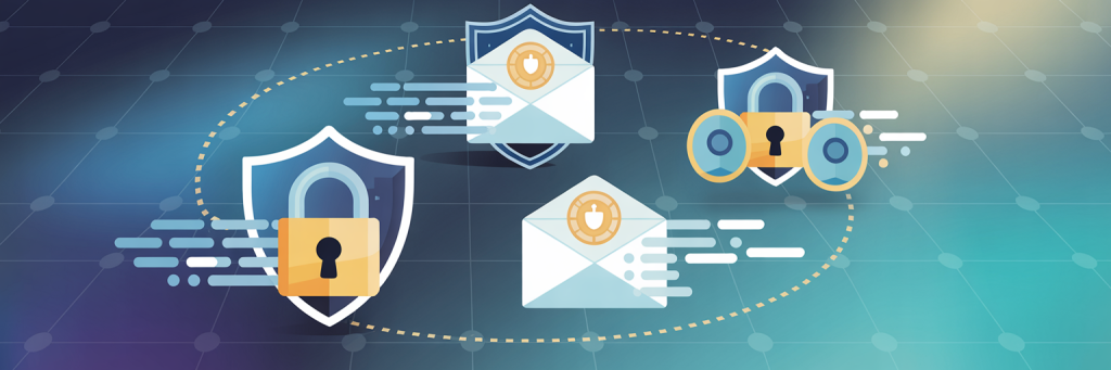 7 Email Security Tactics to Protect Your Inbox 7 A modern cybersecurity infographic illustration featuring interconnected shield icons and lock symbols representing encrypted connections. The central focus shows three distinct encryption protocols - TLS depicted as a golden padlock with flowing data streams, S/MIME represented by an envelope with a glowing security seal, and PGP visualized as interlocking geometric keys. The background displays a subtle network grid pattern in cool blues and teals, with dotted connection lines linking the various security elements. Soft ambient lighting creates a professional, tech-forward aesthetic that conveys trust and digital protection.