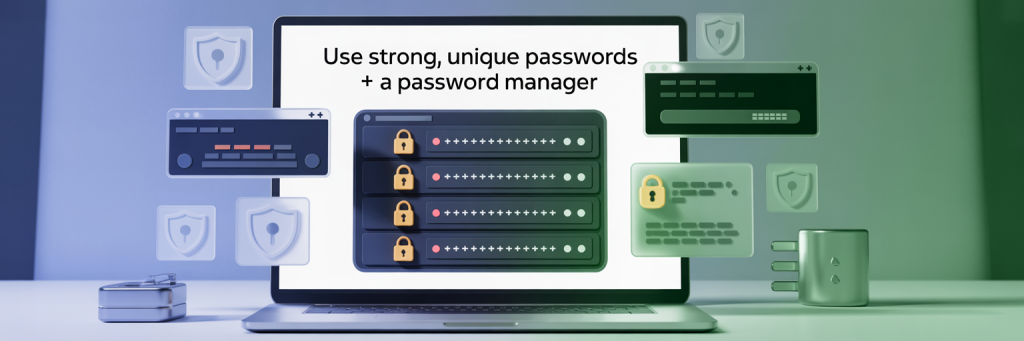 7 Email Security Tactics to Protect Your Inbox 3 A modern digital security illustration featuring a sleek password manager interface on a laptop screen with multiple strong password entries displayed as encrypted dots and characters. The screen shows a secure vault-like design with golden lock icons and the text "Use Strong, Unique Passwords + a Password Manager" prominently displayed at the top in clean, professional typography. Surrounding the laptop are floating digital security elements like shield icons, key symbols, and encrypted data streams rendered in calming blue and green gradients. The composition is set against a minimalist workspace with soft ambient lighting that emphasizes the importance of digital security and password protection.