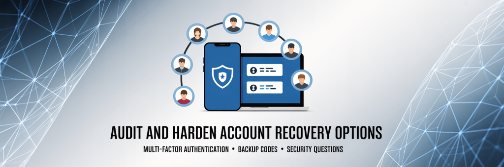 7 Email Security Tactics to Protect Your Inbox 5 A professional cybersecurity infographic displaying account recovery security measures in a clean, modern design style. The central focus shows a smartphone and laptop with shield icons, two-factor authentication codes, and security key symbols arranged in a protective circle around user profile icons. Below the devices, bold sans-serif text reads "Audit and Harden Account Recovery Options" with smaller subtitle text stating "Multi-Factor Authentication • Backup Codes • Security Questions". The background features a subtle gradient from deep blue to light gray with geometric network patterns, conveying trust and technological sophistication.