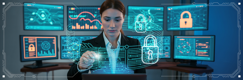 Will AI Replace Cybersecurity Jobs in 2026? The Critical Truth 4 Female cybersecurity analyst in a futuristic workspace reviewing SOC logs, dragging graphs, and managing AI in cybersecurity operations to answer will AI replace cybersecurity jobs in 2026
