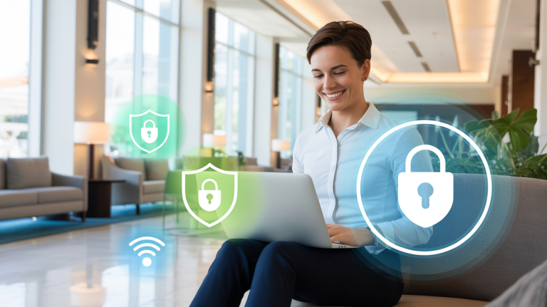 Traveler in a hotel lobby using a laptop with digital shields and padlocks representing hotel Wi-Fi security and safe internet practices.