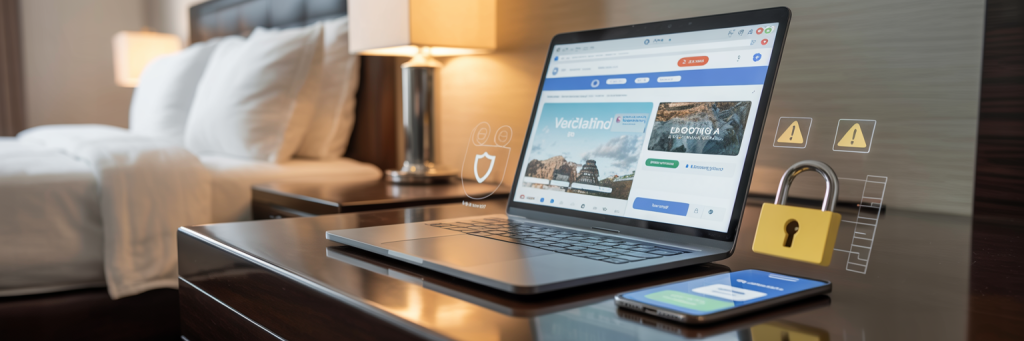 5 Effective Hotel Wi-Fi Security Tips for Travelers 6 Traveler browsing hotel Wi-Fi safely on a laptop, keeping financial and personal accounts secure and avoiding sensitive transactions on public networks.