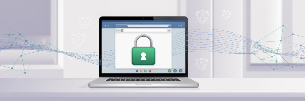 5 Effective Hotel Wi-Fi Security Tips for Travelers 4 Laptop screen showing a web browser with HTTPS and a padlock icon, emphasizing secure connections on hotel Wi-Fi networks.