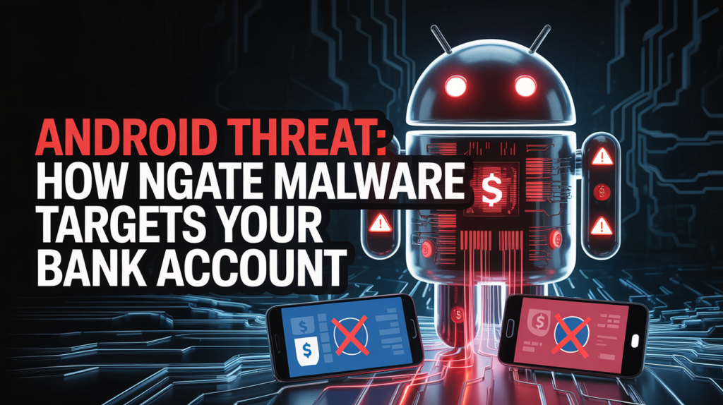 Android Threat: How NGate Malware Targets Your Bank Account 2 Illustration of a robot symbolizing NGate malware attacking an Android smartphone, representing mobile banking and NFC tap-to-pay fraud.