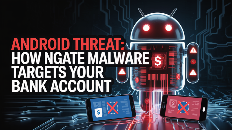 Illustration of a robot symbolizing NGate malware attacking an Android smartphone, representing mobile banking and NFC tap-to-pay fraud.