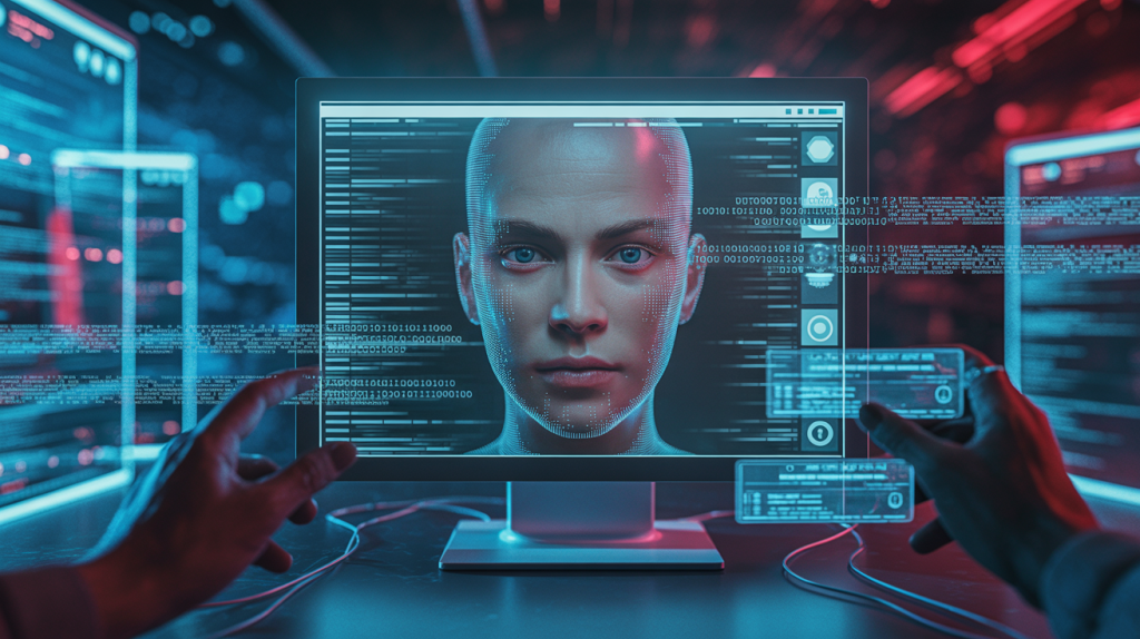 Deepfake Phishing: The Shocking Scam of 2026 2 Illustration of deepfake phishing showing an AI-generated face manipulating digital data.