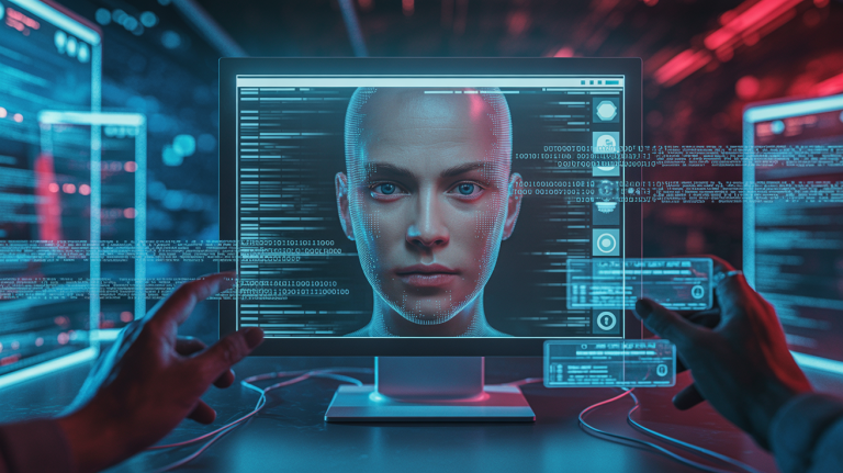 Illustration of deepfake phishing showing an AI-generated face manipulating digital data.