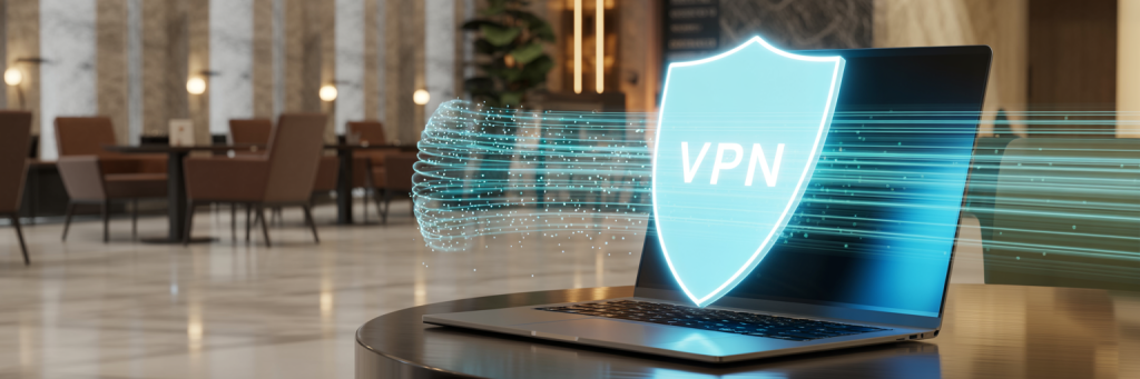 5 Effective Hotel Wi-Fi Security Tips for Travelers 3 Laptop connected to hotel Wi-Fi with an active VPN, showing encrypted data traveling through a digital tunnel for secure hotel Wi-Fi protection.