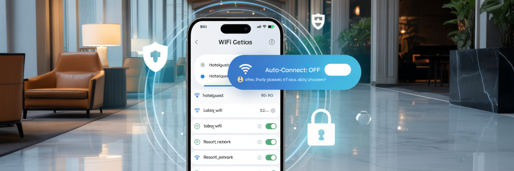 5 Effective Hotel Wi-Fi Security Tips for Travelers 5 Smartphone displaying Wi-Fi settings with auto-connect turned off, connected to a hotel network, highlighting safe hotel Wi-Fi usage.