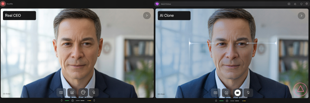 Deepfake Phishing: The Shocking Scam of 2026 3 Visual comparison of a real CEO and a deepfake clone used in phishing scams.