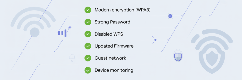 Pwnagotchi Attack: How to Secure Your WiFi 9 Checklist graphic displaying WiFi security best practices: modern encryption, strong password, disabled WPS, updated firmware, guest network, and device monitoring—each item with a checkmark