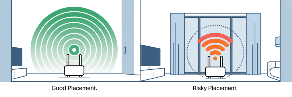Pwnagotchi Attack: How to Secure Your WiFi 7 Diagram showing a home WiFi router placement in different locations—centered away from windows (good) versus near window (risky)—with signal strength indicators