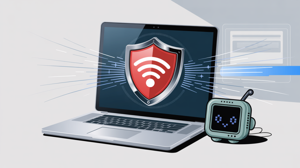 Pwnagotchi Attack: How to Secure Your WiFi 1 A laptop with a WiFi icon surrounded by a red security shield and a small Pwnagotchi device illustration, representing WiFi protection against attacks