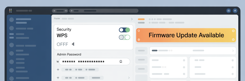 Pwnagotchi Attack: How to Secure Your WiFi 6 Router admin panel displaying disabled WPS toggle, changed admin password field, and a notification about available firmware updates