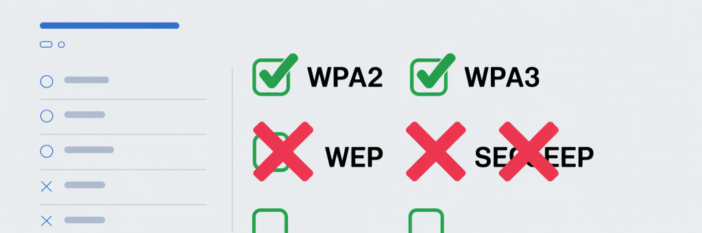 Pwnagotchi Attack: How to Secure Your WiFi 5 Router settings interface showing WPA2 and WPA3 encryption options highlighted in green, with older WEP standards crossed out in red