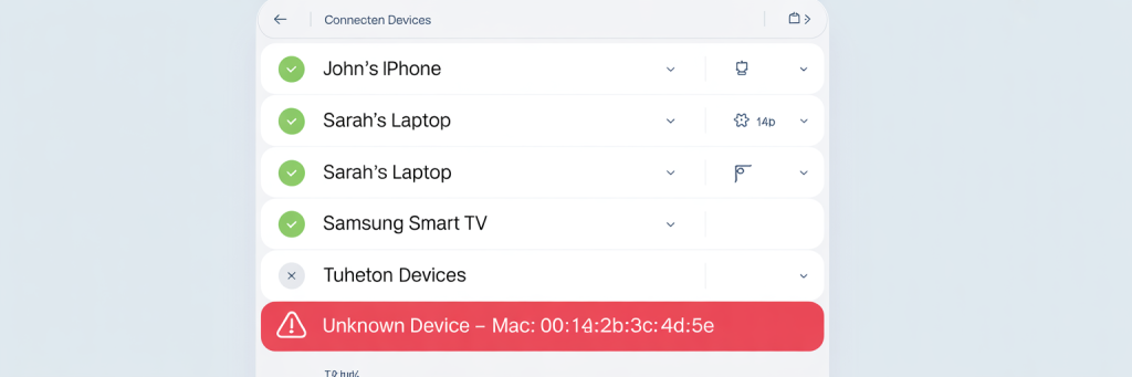 Pwnagotchi Attack: How to Secure Your WiFi 8 Router connected devices list showing recognized devices (phone, laptop, TV) in green and an unknown device highlighted in red with a warning icon