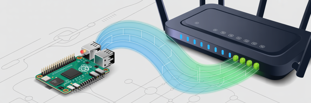 Pwnagotchi Attack: How to Secure Your WiFi 3 Illustration of a small Raspberry Pi device next to a WiFi router (imagining a Pwnagotchi attack) with data packets flowing between them, showing passive WiFi capture