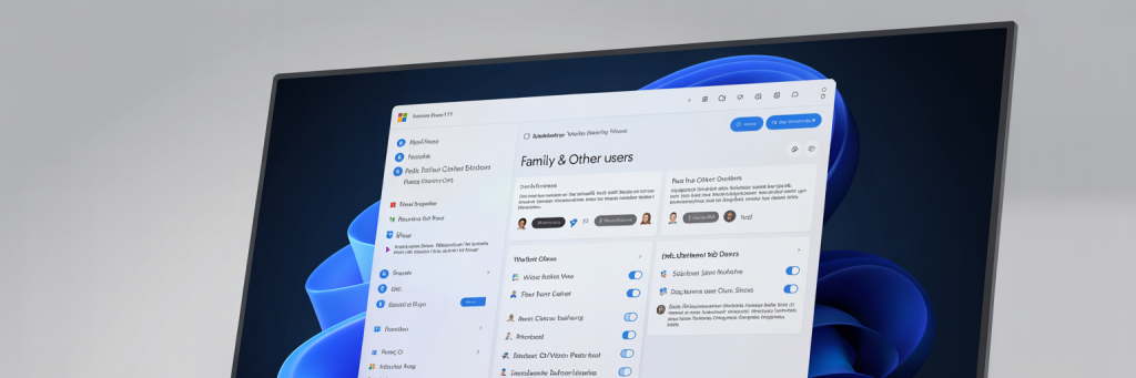Windows Family Safety dashboard showing parental control settings for child accounts.