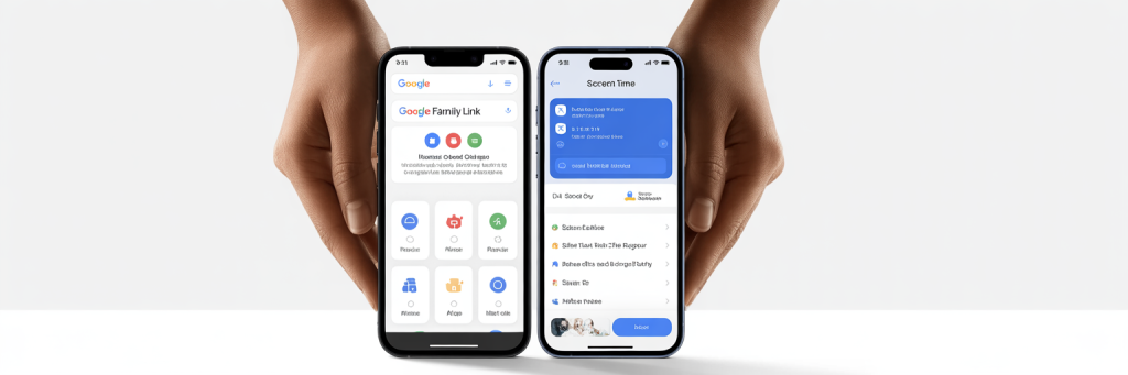 Android Google Family Link and iPhone Screen Time parental control settings on mobile devices.