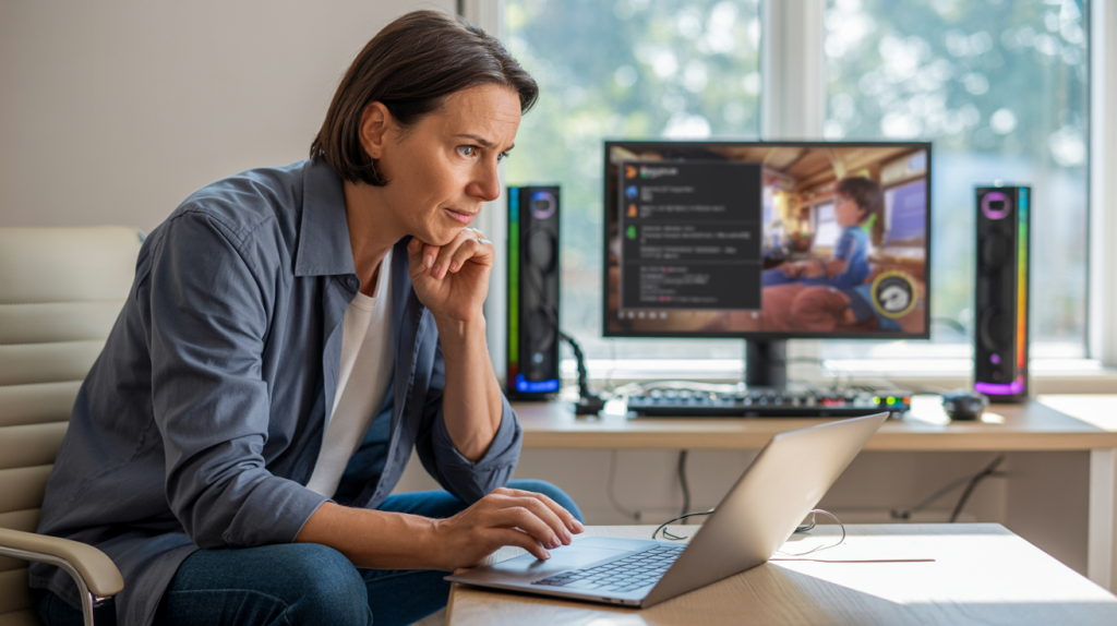 Parent monitoring child's gaming and online activities on PC to prevent sextortion