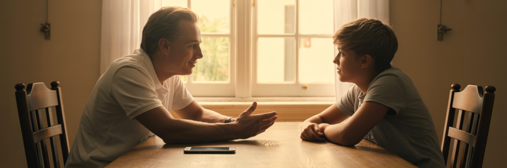 Parent and teen having an open conversation about online safety and sextortion warning signs.