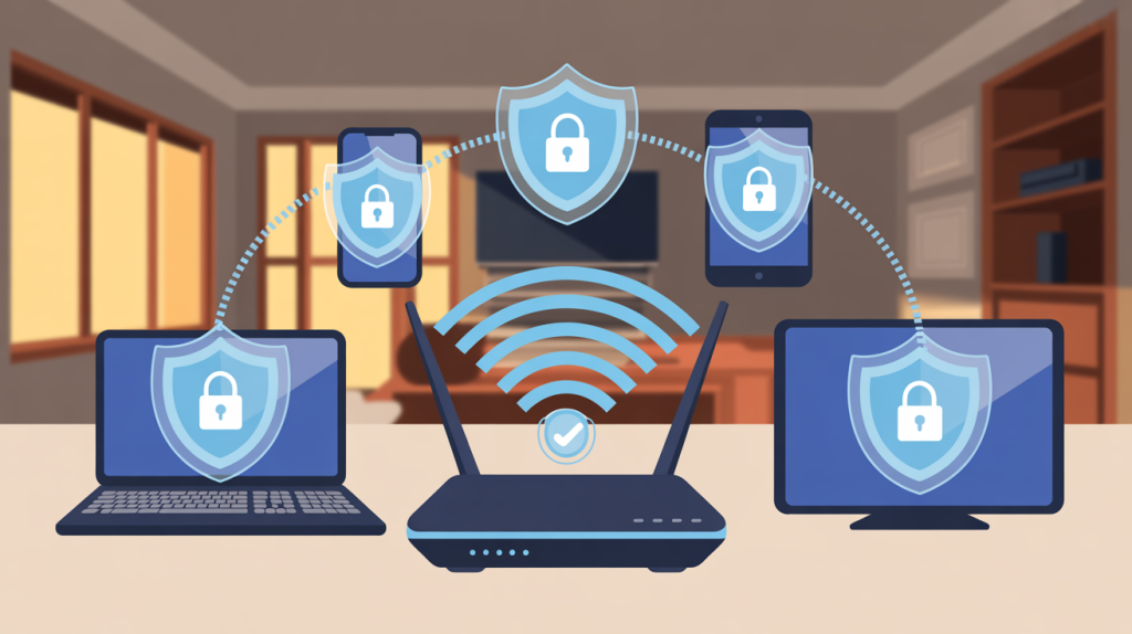 Home router security setup with Wi-Fi shield icons protecting devices for secure home network