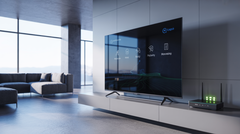 Smart TV security setup in a modern home showing a connected television protected by network and privacy controls